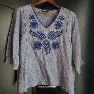 Lands' End Blue Linen Dark Blue Embroidery V-neck 3/4 Sleeve Blouse Top Size LP